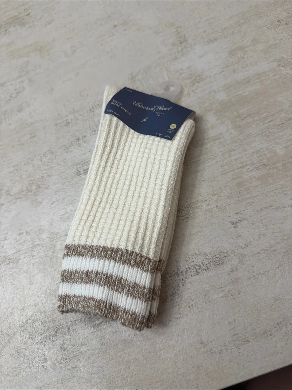 a new day Cream Ribbed Crew boot Socks with Brown Stripes